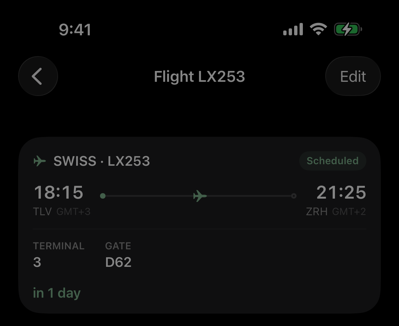 Карточка рейса: SWISS LX253, из TLV в ZRH, терминал 3 и выход D62