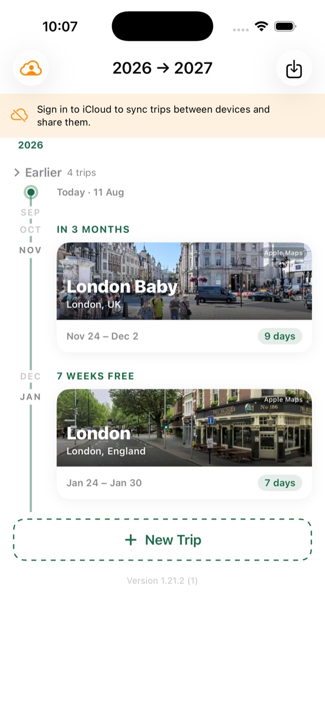 Home: your trips on a year timeline with countdowns