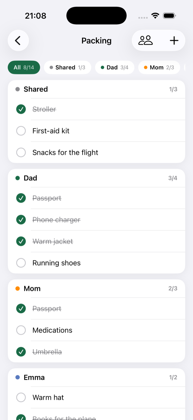 Packing lists per family member