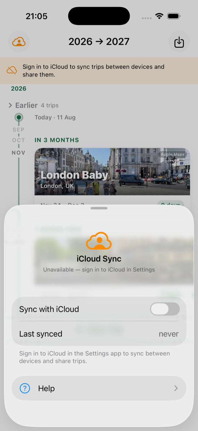 Окно синхронизации: состояние iCloud и общие поездки